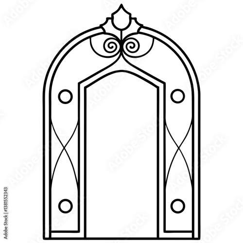 "Ornate door frame design, AI-generated vector, line art & linocut for high-quality print."