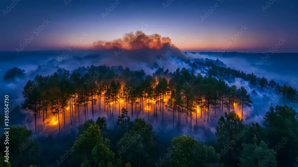 Naklejka premium A forest fire burning at dusk with smoke and flames