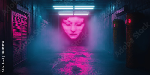 Pixelated face emerging from fog in cyberpunk alley with neon lights