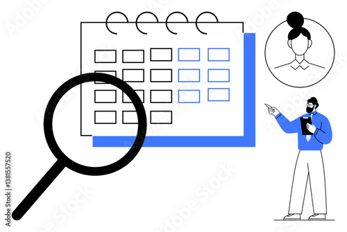 Magnifying glass over a calendar, profile avatar, and man with clipboard pointing at deadline. Ideal for scheduling, planning, productivity, time management, team collaboration, goal tracking flat