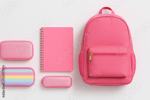 Pink school kit including backpack, notebook, pencil case, and pouch, arranged neatly on a white background, perfect for back-to-school themes.