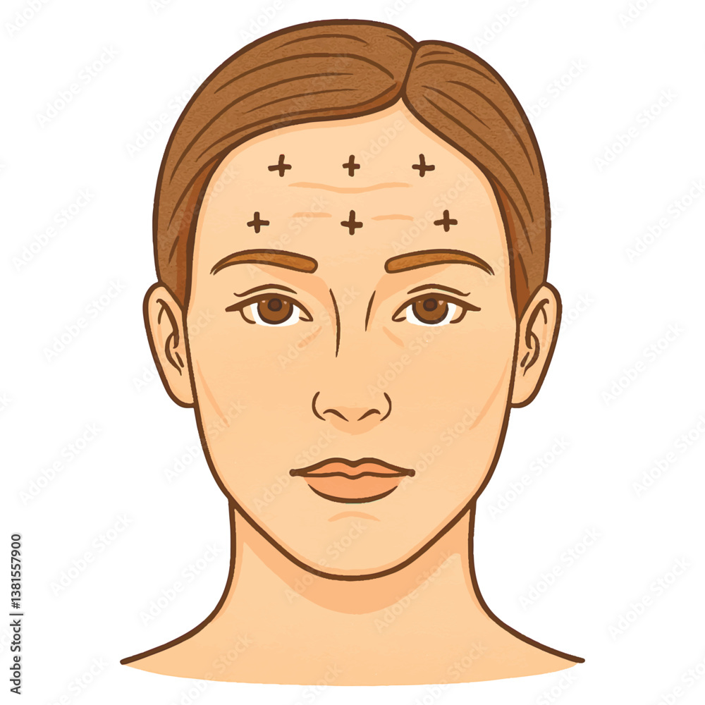Vector illustration of a womans face with marked Botox injection points. Isolated design on white background. Ideal for use in infographics or cosmetic clinic visuals. Vector illustration of a womans face with marked Botox injection points. Isolated design on white background. Ideal for use in infographics or cosmetic clinic visuals.