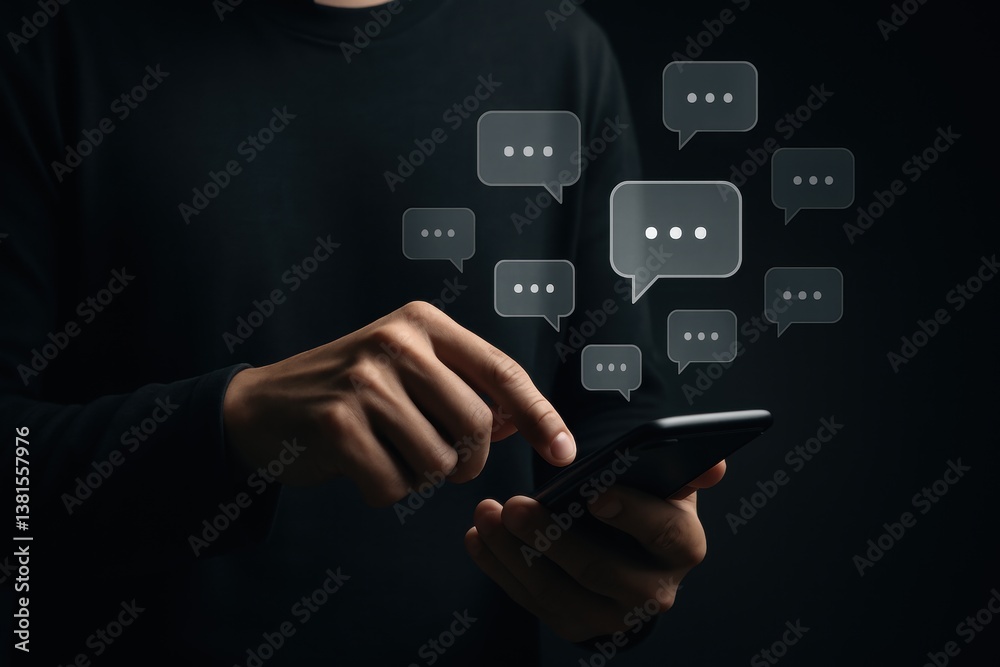 Person using smartphone with floating chat bubbles on dark background. Person using smartphone with floating chat bubbles on dark background.