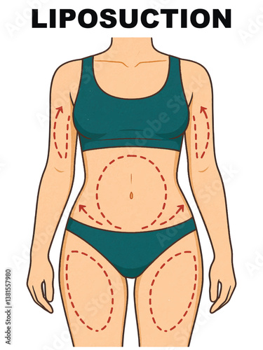 Vector illustration of a female torso in sportswear with marked liposuction zones. Isolated design on white background. Ideal for medical or aesthetic clinic use.