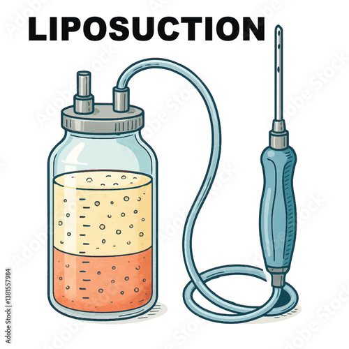Vector illustration of liposuction equipment. A transparent suction canister is partially filled with extracted fat, showing separated liquid layers. Ideal for medical and educational visuals.