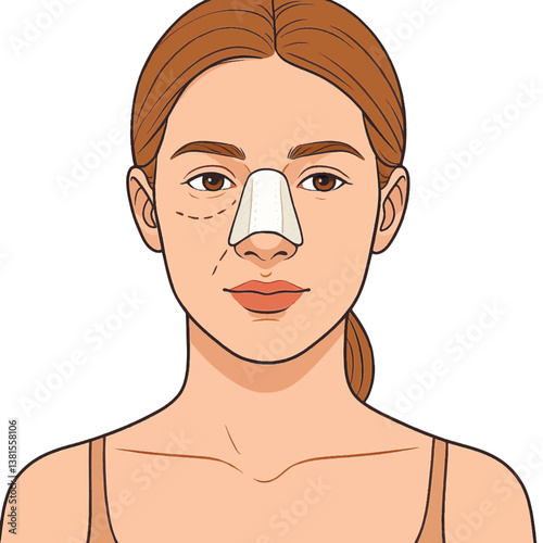 Vector illustration of a womans face after rhinoplasty, wearing a nasal splint. Isolated design on white background. Perfect for medical or recovery themed visuals.