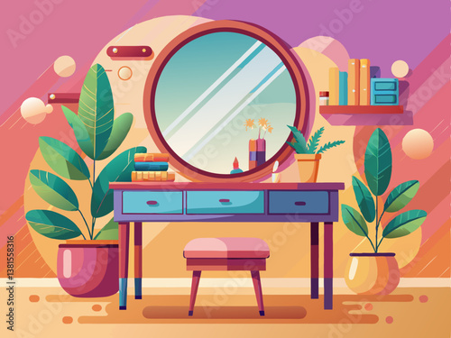 A stylish dressing table with a round mirror and warm wooden textures, set against a soft pastel background.