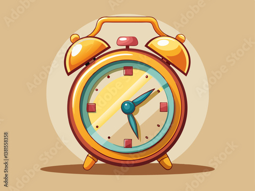 A modern vector of a minimalistic alarm clock with a warm golden frame, placed on a muted cream background.