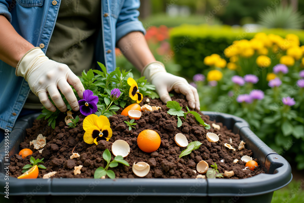 Fototapeta premium Gardening action planting flowers and citrus in a community garden outdoor nature scene