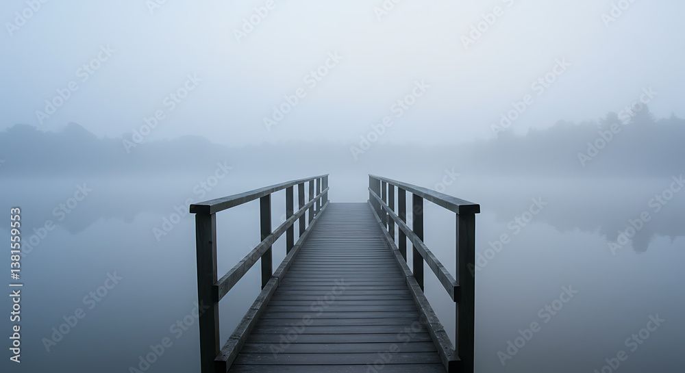 Serene wooden pier extending into misty lake Serene wooden pier extending into misty lake