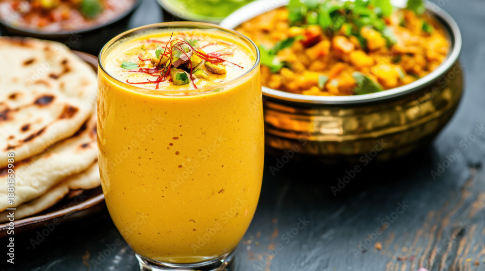 Summer Indian Drink, Mango Lassi with Saffron and Naan Thali Summer Indian Drink, Mango Lassi with Saffron and Naan Thali