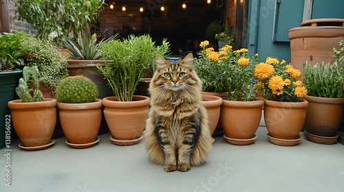 A fluffy brown cat sits amidst potted plants outside the building