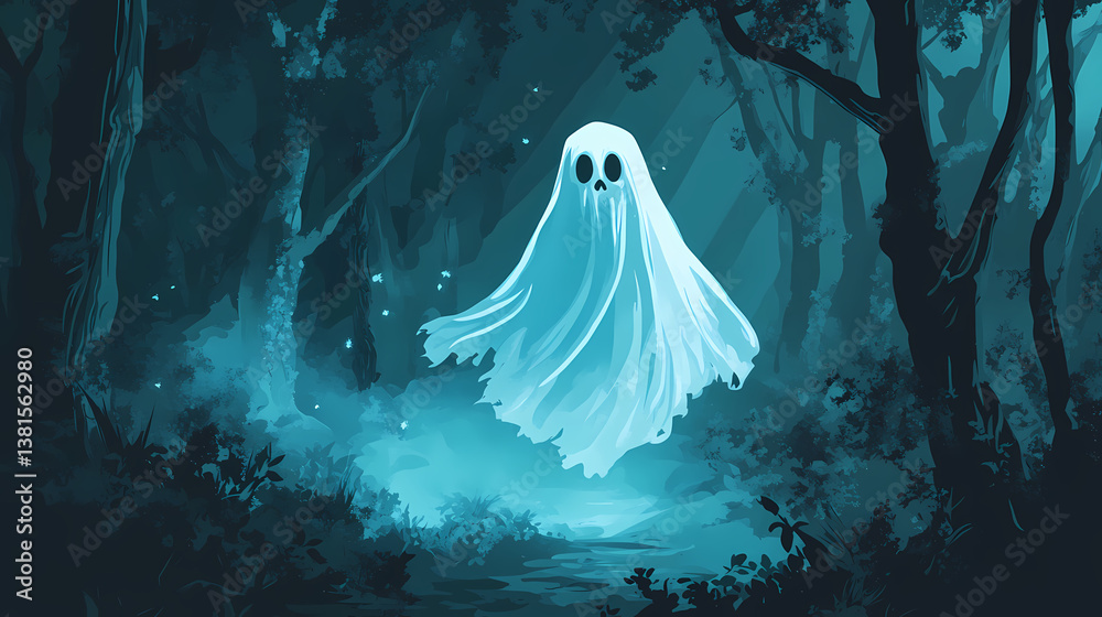A mysterious ghost figure floats through an eerie forest, surrounded by fog and shadows, evoking a chilling sense of the supernatural. Vanishing Echo. Illustration A mysterious ghost figure floats through an eerie forest, surrounded by fog and shadows, evoking a chilling sense of the supernatural. Vanishing Echo. Illustration