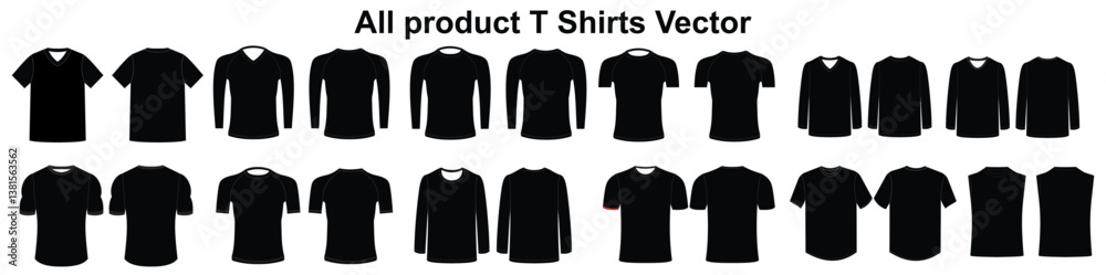 Naklejka premium Set of Different T Shirts Template Technical Flat Drawing of Basic Tshirts V-neck Tee Shirt Design Boxy T Shirt Technical Illustration Unisex Fitted Tee Shirt Vector Front and Back views