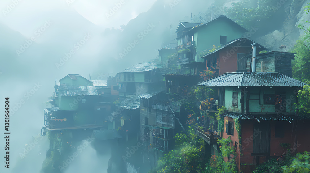 Fototapeta premium Echoes of a vanished mountain village in the mist, hyperrealistic photo. Vanishing Echo. Illustration