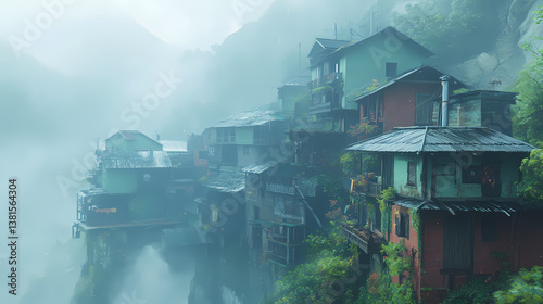 Echoes of a vanished mountain village in the mist, hyperrealistic photo. Vanishing Echo. Illustration