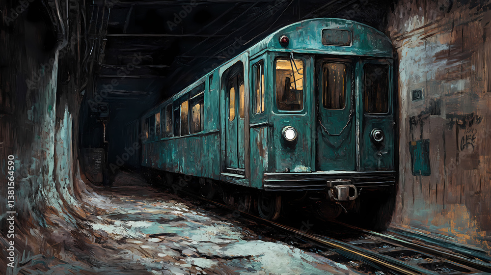 Fototapeta premium Forgotten subway car buried underground, timefrozen and ghostly quiet. Vanishing Echo. Illustration