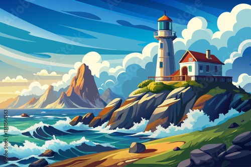 vector of A lighthouse on a rocky coastline with waves crashing in the ocean.