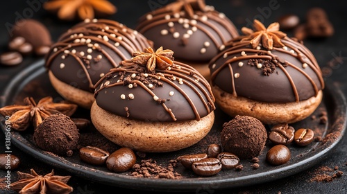 Delicious chocolate desserts with coffee beans and decorative star anise