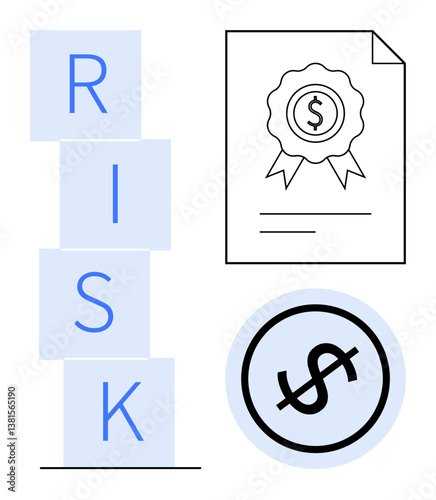Stacked letter blocks spell RISK beside a financial certificate and a dollar sign in a circle. Ideal for finance, management, investment, planning, decision-making, insurance, stability. Flat simple