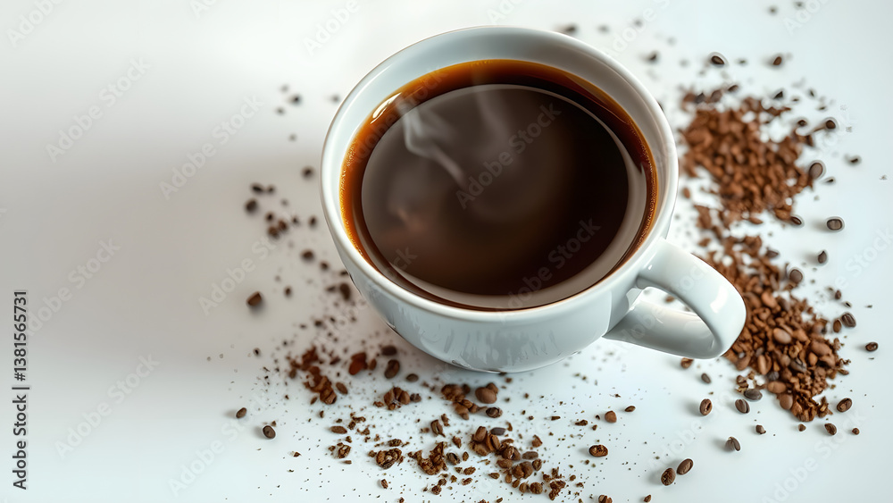 Fototapeta premium Top-down view of a steaming cup of dark roast coffee with scattered grounds on a bright surface. Minimalistic, inviting aesthetic.