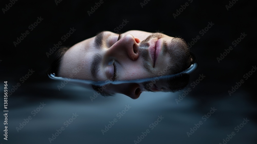 A man is immersed with his head partially submerged in dark water, eyes closed, embodying a tranquil and meditative state during dusk. The surrounding atmosphere is calm and quiet A man is immersed with his head partially submerged in dark water, eyes closed, embodying a tranquil and meditative state during dusk. The surrounding atmosphere is calm and quiet