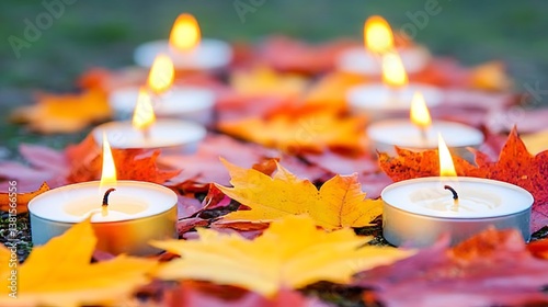 Burning candles illuminating fall foliage with a soft blurred background