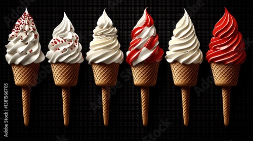 Colorful ice cream cones with varied flavors on dark background