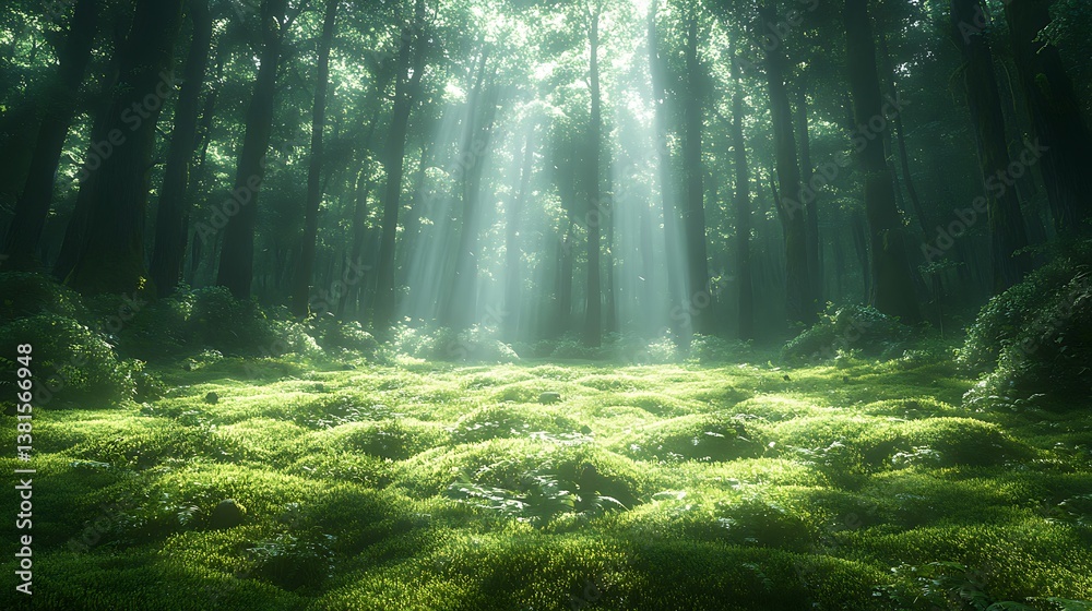 Obraz premium Sunlight rays in enchanted forest moss covered ground high resolution hd image