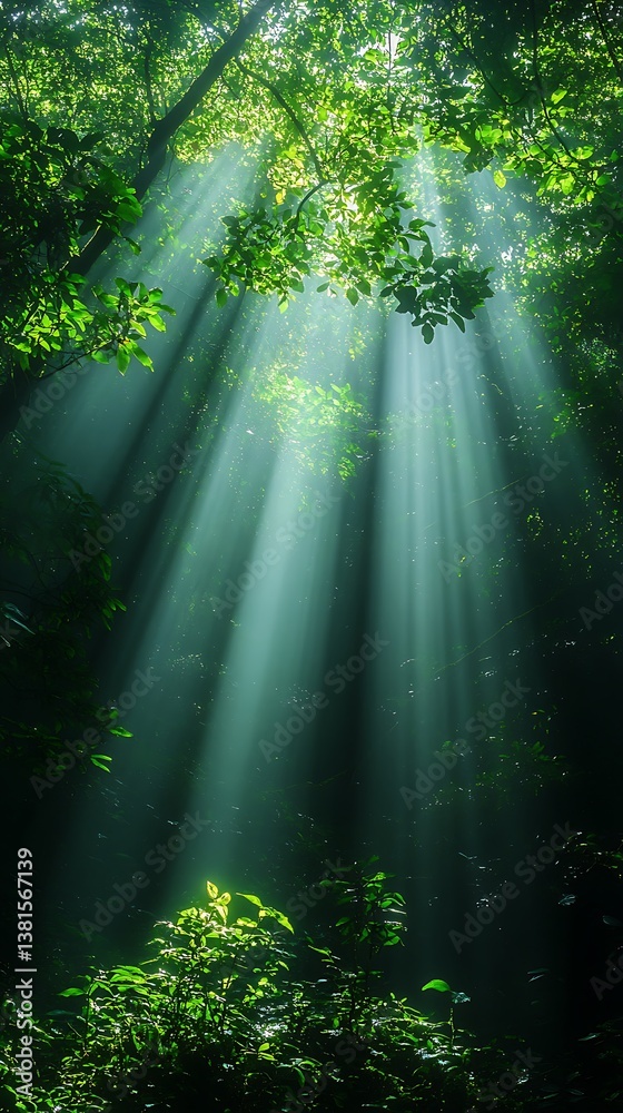 Obraz premium Sunlight rays over forest greenery with daisies in morning high resolution hd image