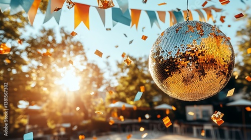 A glittering disco ball hangs outdoors with festive decorations