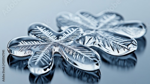 Two delicate clear snowflake shapes reflecting on a smooth surface