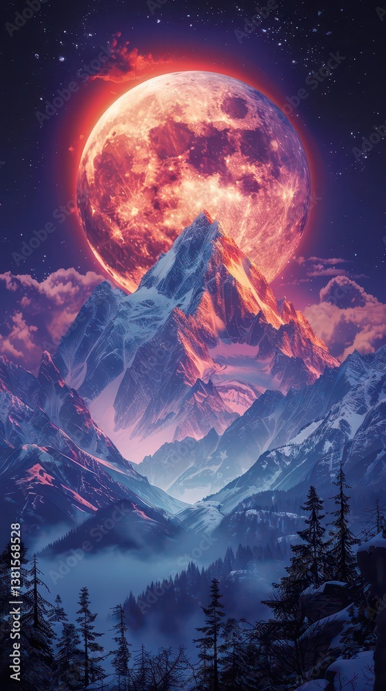 Fototapeta premium A vibrant mountain landscape under a large, glowing moon, creating a mystical atmosphere.