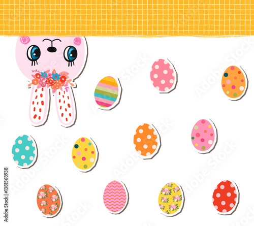 Cute vector Easter background with pink bunny and colorful eggs, Funny spring design, banner or greeting card