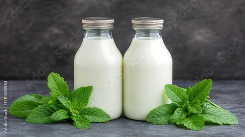 Two glass bottles of white liquid with green herbs present