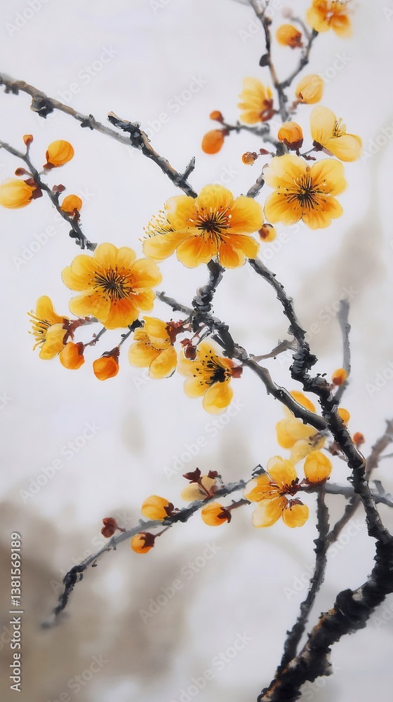 Yellow Blossoms on a Branch Watercolor Painting Style on a Subtle Gray Background Yellow Blossoms on a Branch Watercolor Painting Style on a Subtle Gray Background