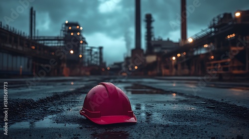 A red hard hat rests on a wet industrial street