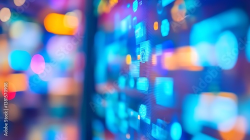 Blurred lights and a computer screen displaying various icons