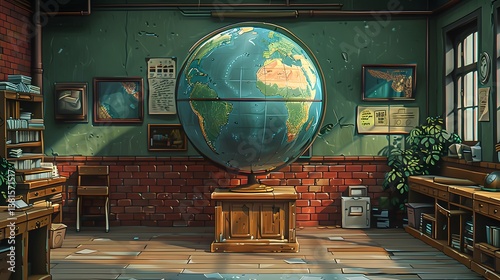 Exploring the World Giant Globe in Vintage Office Setting Scene