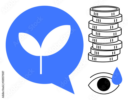 Blue speech bubble with sprout, stacked coins, and eye with teardrop. Ideal for sustainability, eco-finance, environmental awareness, growth, climate change economy and nature in business. Flat