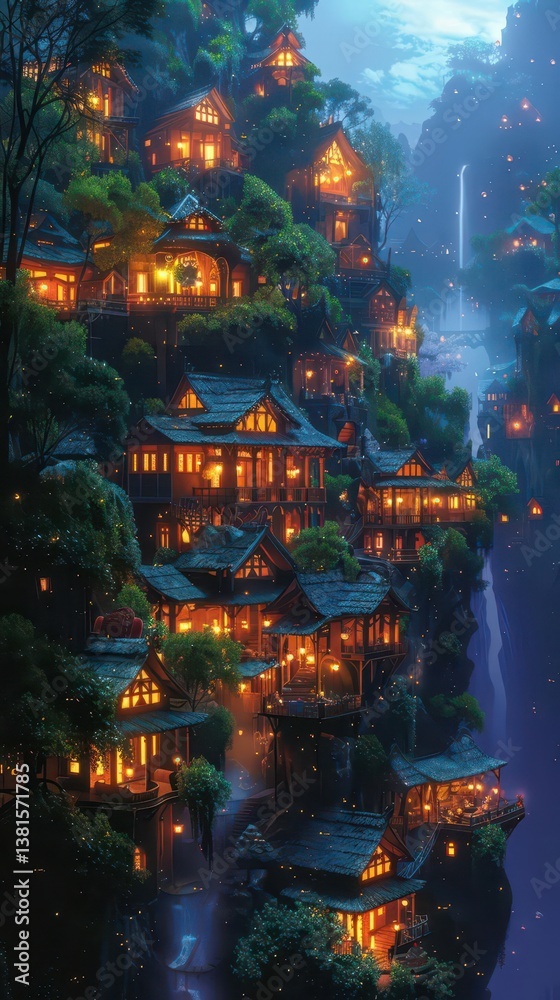 A serene village with illuminated houses nestled in lush greenery near a waterfall at night. A serene village with illuminated houses nestled in lush greenery near a waterfall at night.
