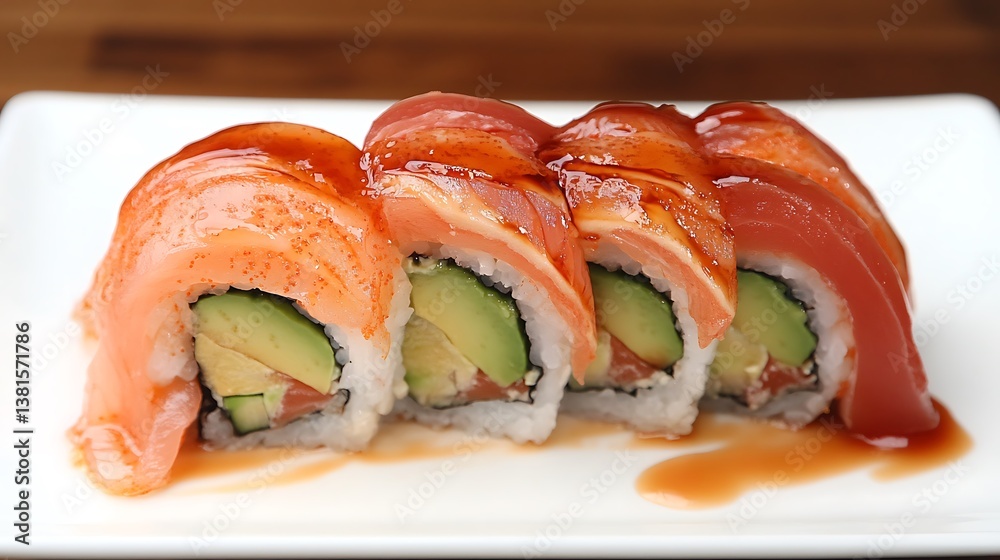 Four pieces of sushi elegantly arranged on a white plate Four pieces of sushi elegantly arranged on a white plate