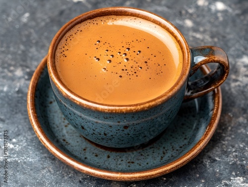 Closeup Aromatic Espresso Coffee in Cup and Saucer