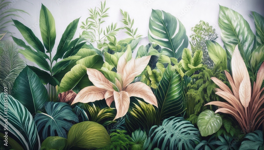 Fototapeta premium ai generated ai generative notanical herbal exotic tropical plants herbs flowers botanical foliage background nature jungle lanfscape graphic art