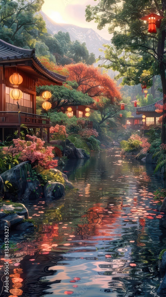 A serene landscape featuring a peaceful stream, traditional buildings, and vibrant autumn foliage. A serene landscape featuring a peaceful stream, traditional buildings, and vibrant autumn foliage.