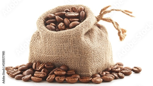 A burlap sack filled with roasted coffee beans spills over