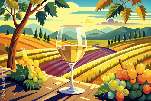 vector of Glass of white wine in the vineyards and bunch of grapes in the autumn sun.
