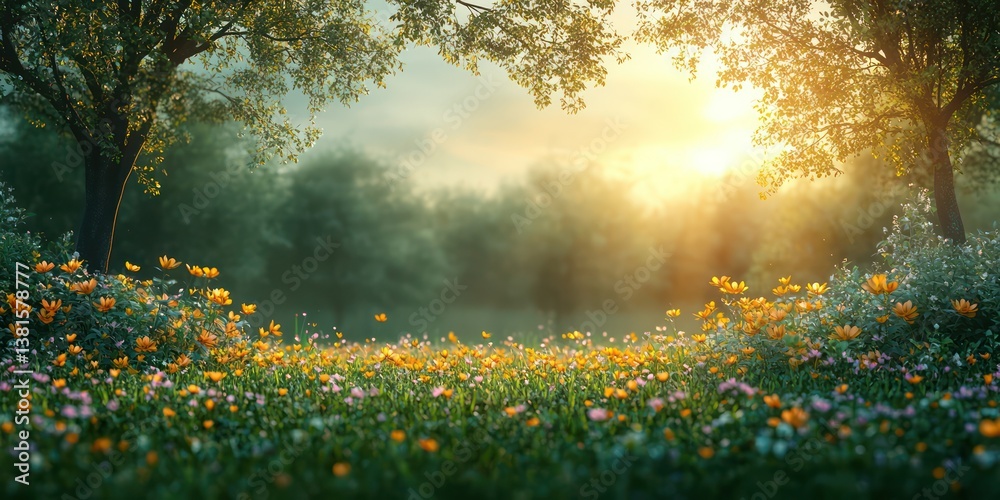 Obraz premium Serene sunlit meadow with blooming flowers and trees 