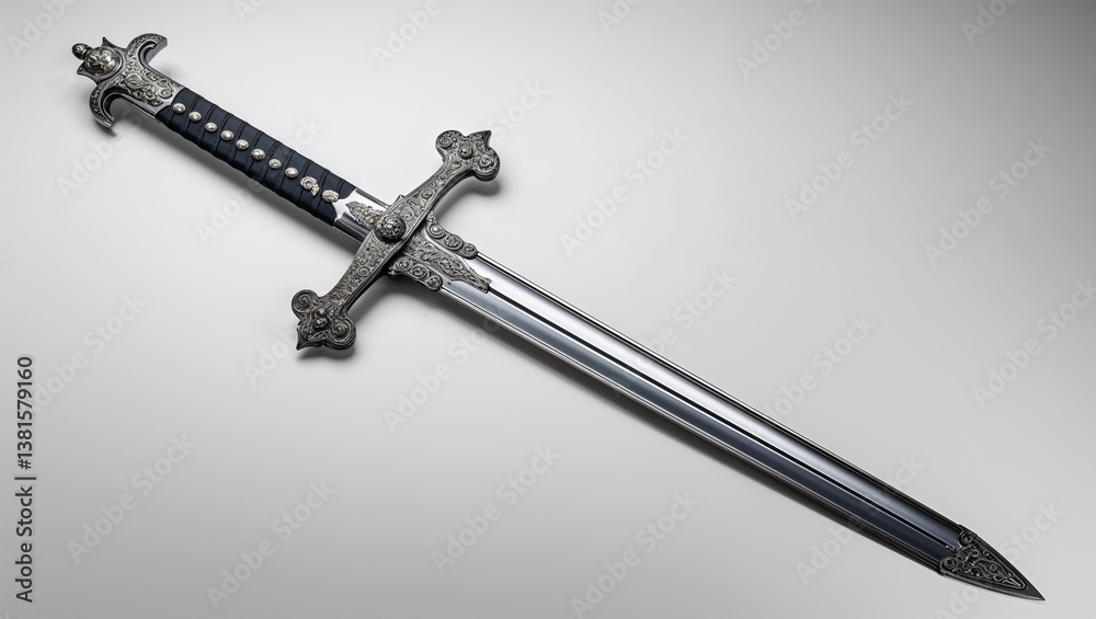 Ornate Medieval Sword with Decorative Hilt on White Background Ornate Medieval Sword with Decorative Hilt on White Background