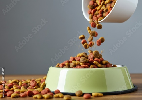 Pet food being poured into a green bowl, showcasing vibrant kibble colors